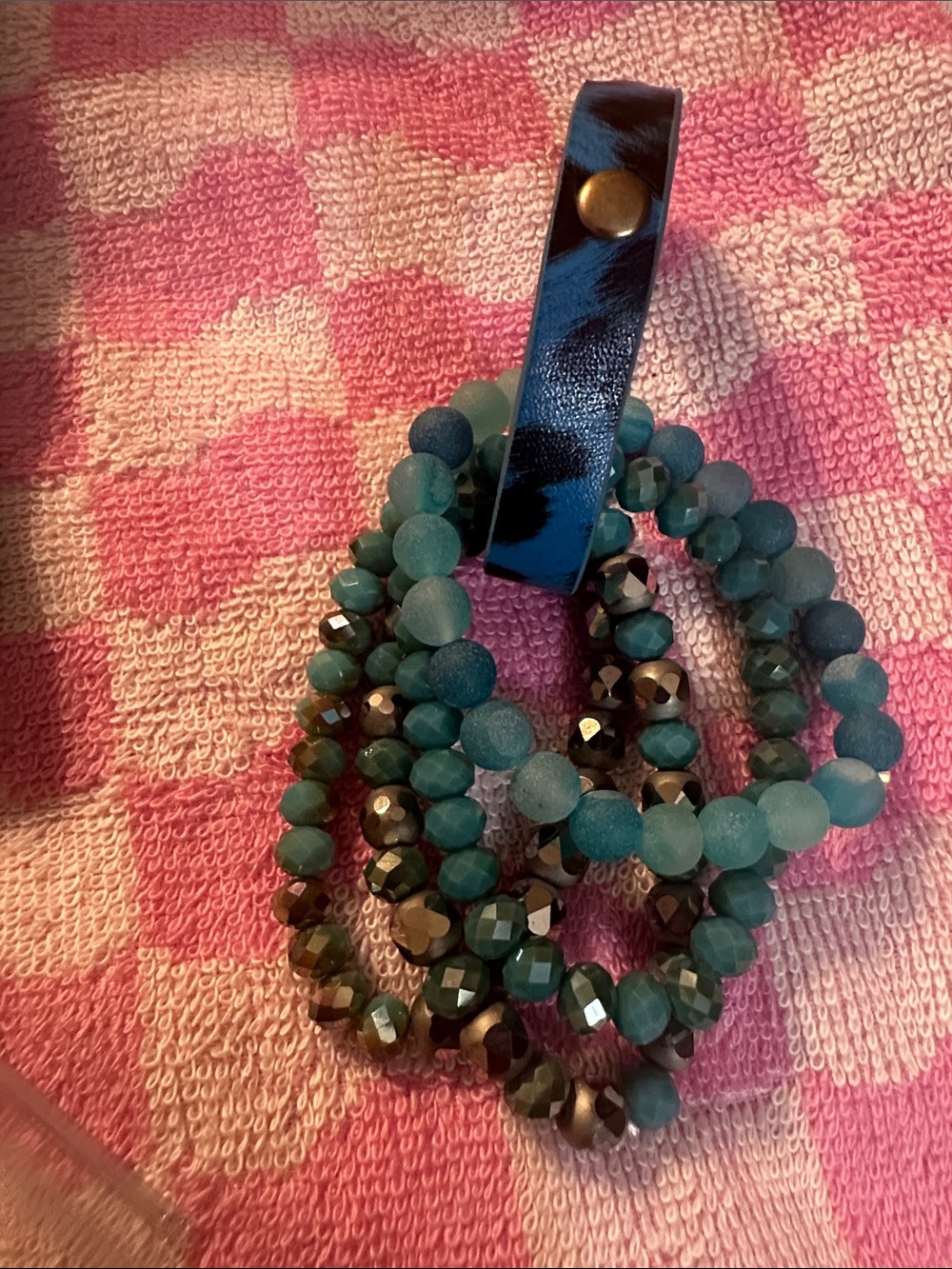 Beaded Stretch Bracelet Set in Teal and Metallic